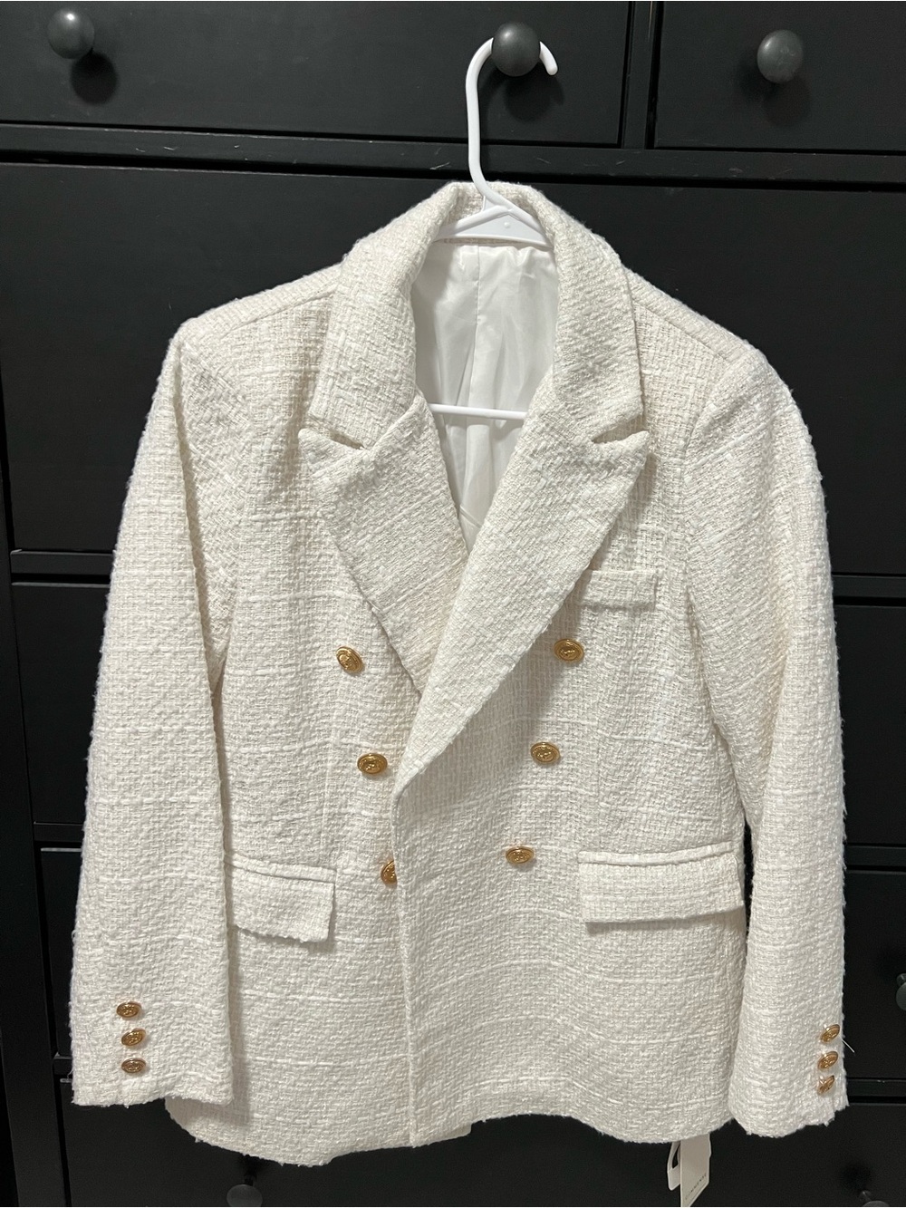 Women's Cream Double-Breasted Bouclé Blazer with Gold Buttons